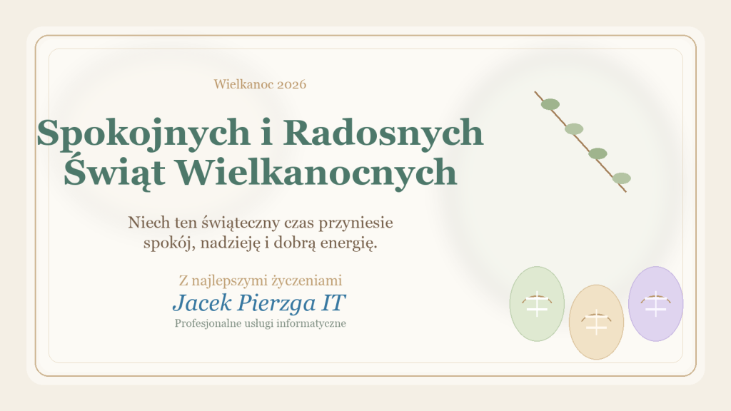 Pozioma kartka wielkanocna 2026 z życzeniami od Jacek Pierzga IT